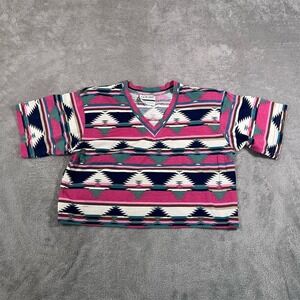 VTG Meta Sport Womens Top Small Pink Aztec Geometric V-Neck‎ Made in USA